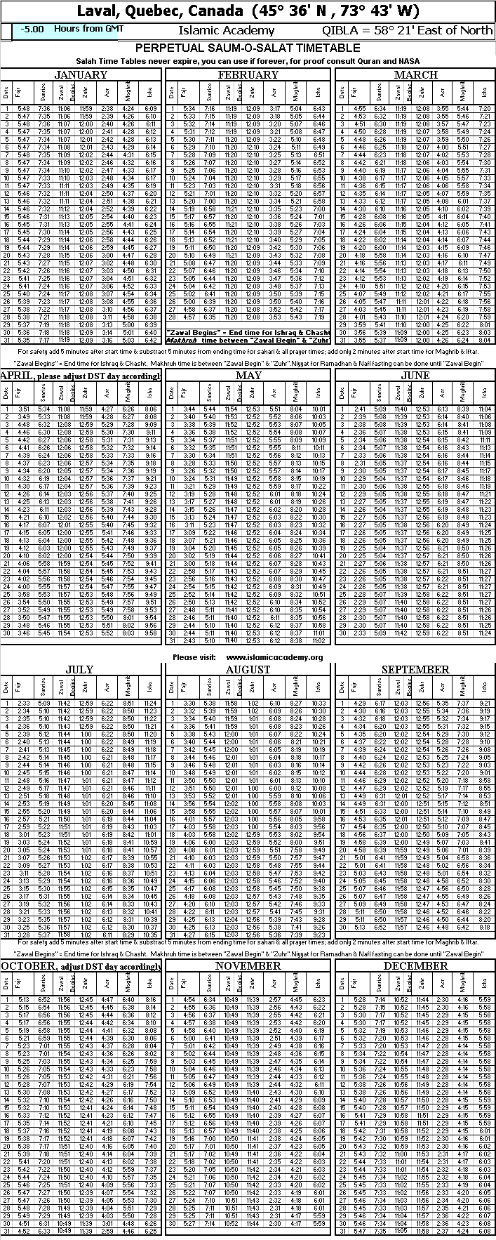 Islamic Namaz (Salat) Times | Laval Canada Quebec | Prayer (Salah) Time ...